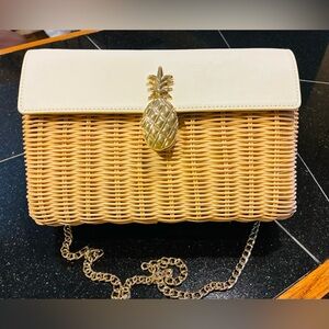 Talbots Pineapple Rattan & Leather Gold Chain Strap Clutch Handbag Beautiful